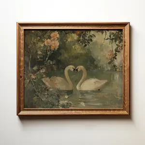 Vintage Swan Art Print Sage Green Wall Art Antique Swan Oil Painting Rustic Farmhouse Decor Romantic Wall Art