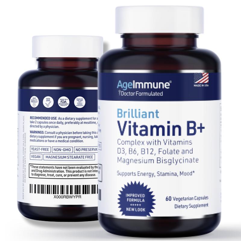 Vitamin B Complex - 60 Capsules with Vitamins B6 20mg D3 1000IU Magnesium Bisglycinate 260mg Methyl B12 1000mcg and Folate as Methylfolate 600mcg DFE. Healthcare Dietary