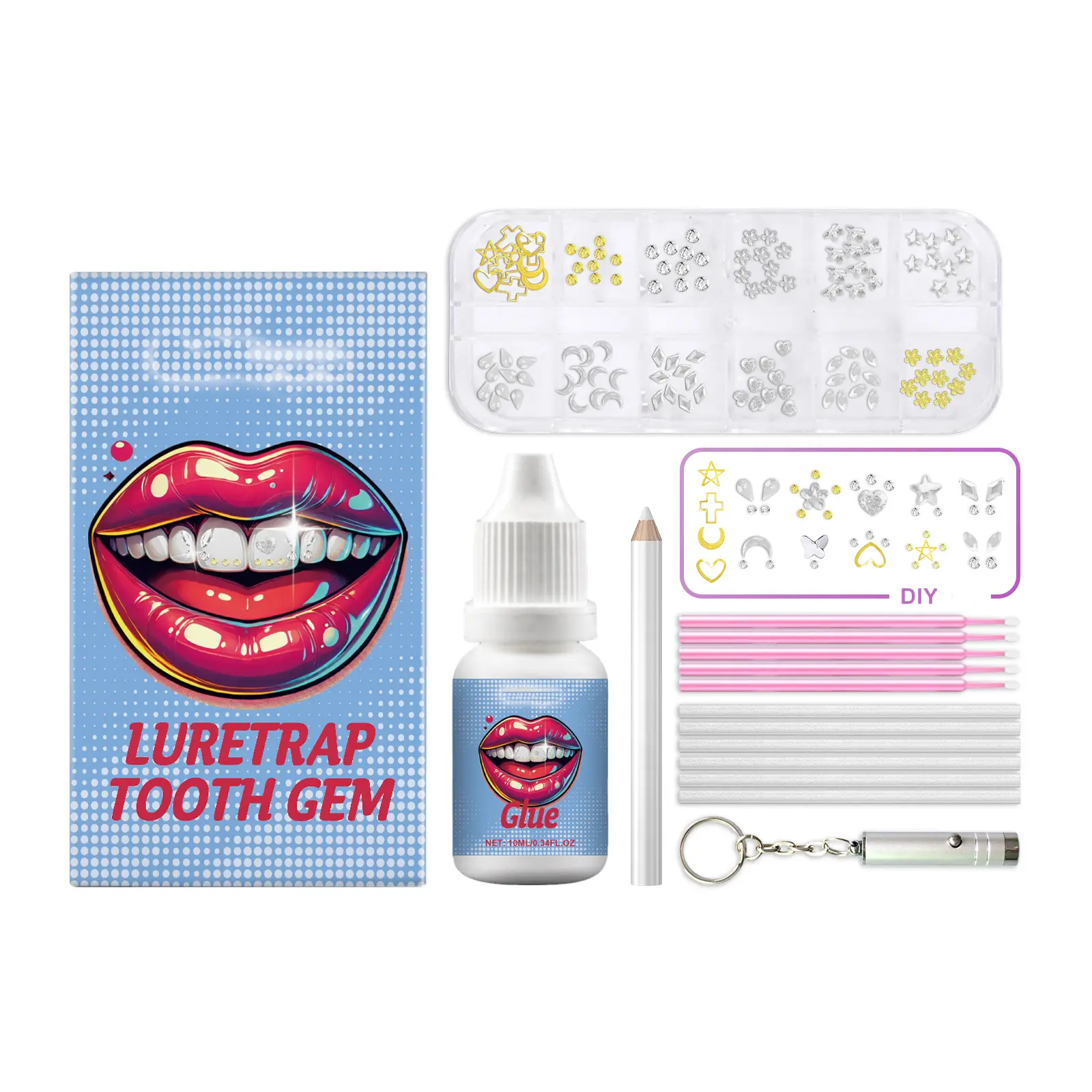 Acrylic Personalized Sparkling Tooth Gem Decoration Set Kit - UV Cured Oral Beauty Teeth Accessory with Glue, Cures via Lamp for Unique Fashion Looks