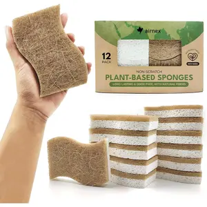 Natural Kitchen Sponges (12 Pack) - Biodegradable Cellulose & Coconut Scrubber Dish Sponges for Kitchen - Eco-Friendly, Non Scratch, Compostable, Non Toxic S-Shaped Natural Sponges for Dishes