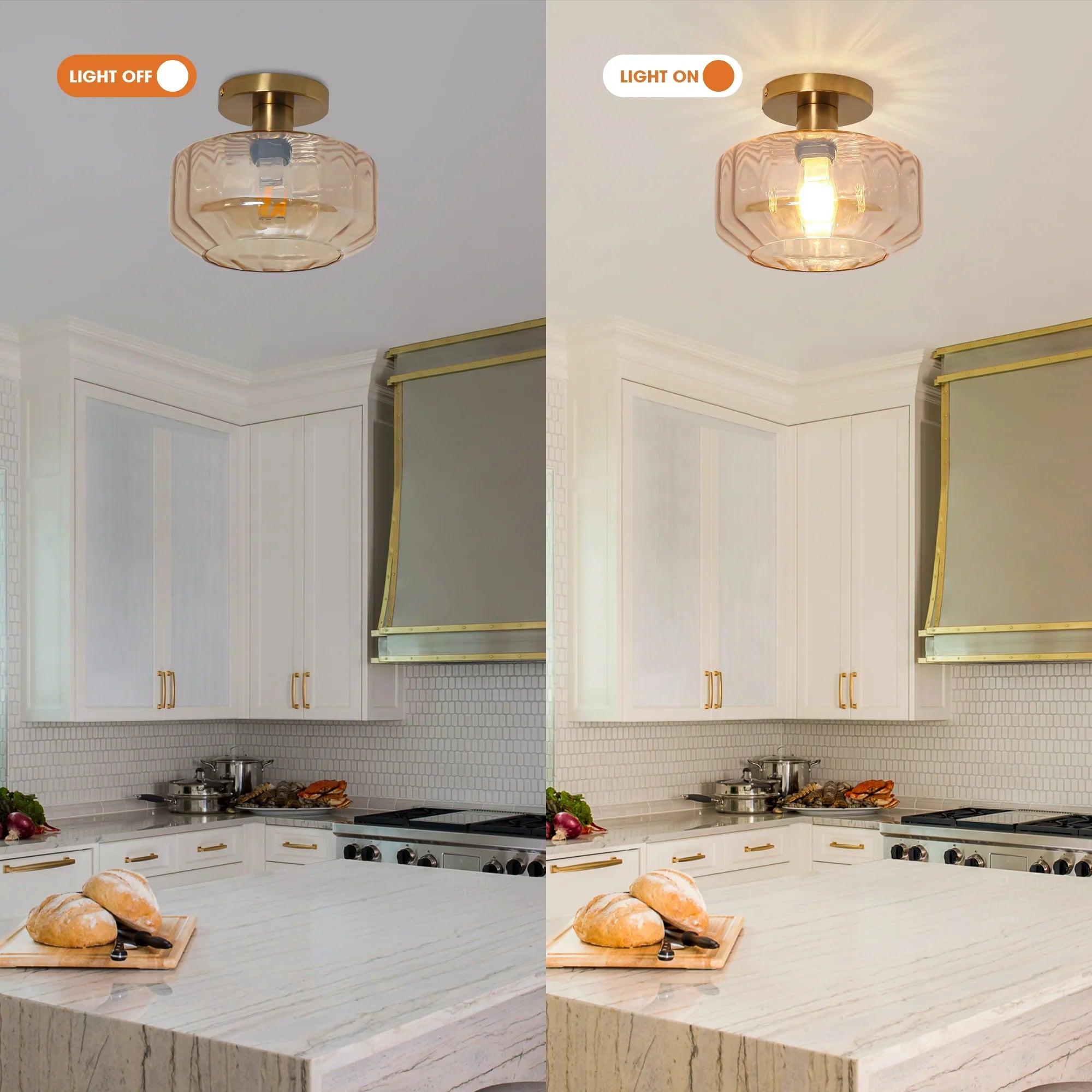 Modern Gold Semi-Flush Mount Ceiling Light | 9" Gerald Rippled Glass Lighting Fixture