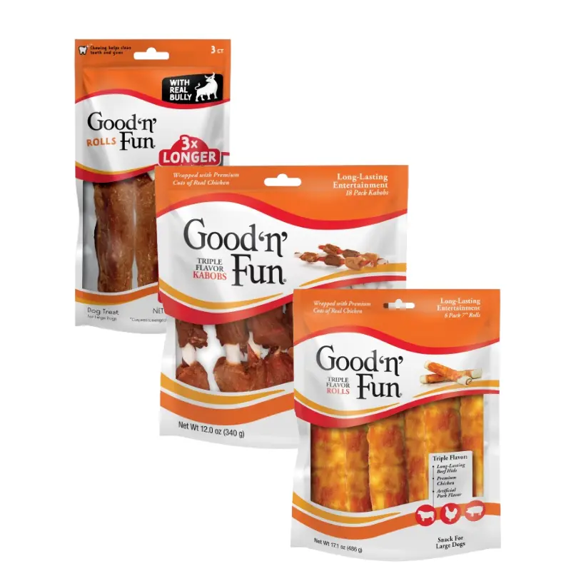 Good ’n’ Fun Power Chewer + Classic Kabob 3-Pack Dog Chew Bundle – Large Core Rolls 6 Count, Bully Rolls 3 Count & Kabobs 12 oz