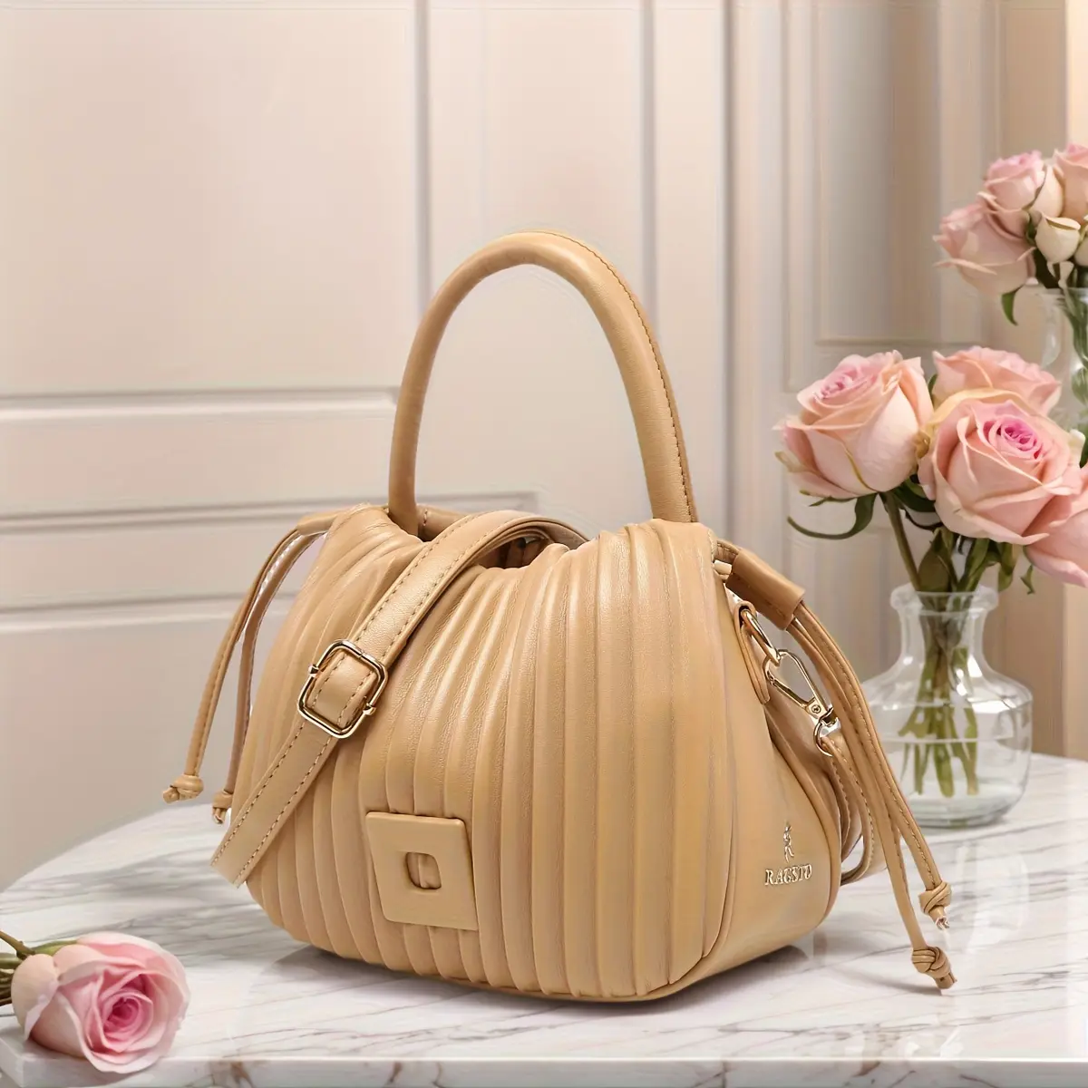 Tepilte Women'S Mini Drawstring Bucket Bag, Faux Leather Crossbody Bucket Wallet, Pleated Shoulder Tote Bag, Adjustable Shoulder Strap, Multi-Colour Options, Suitable for Vacations, Shopping And Dates