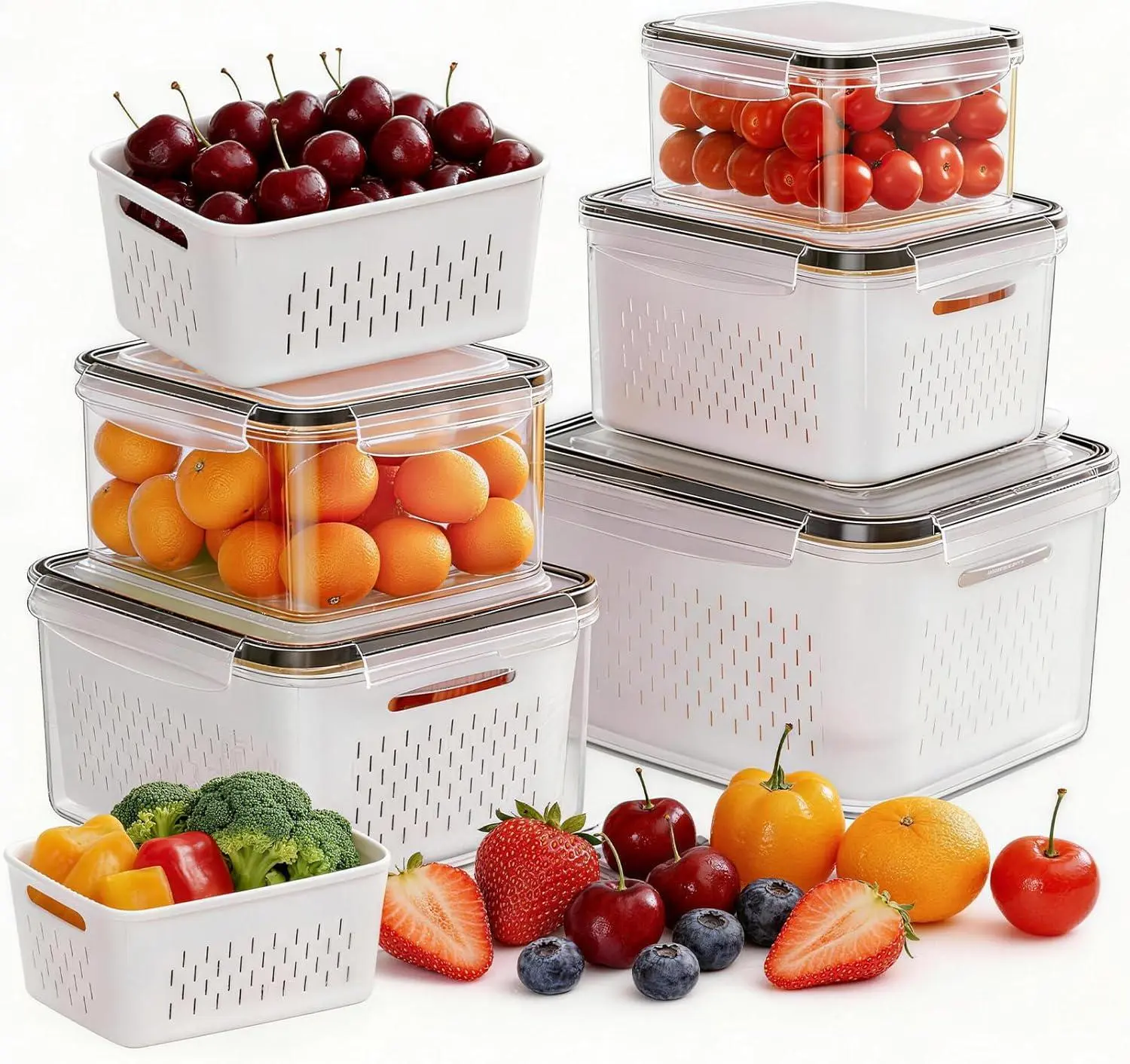 5 Pack Fruit Storage Containers for Fridge - Leakproof Food Storage Containers with Removable Colander - Dishwasher & Microwave Safe Produce Containers Keep Fruits, Vegetables, Berry, Meat Fresh Longer