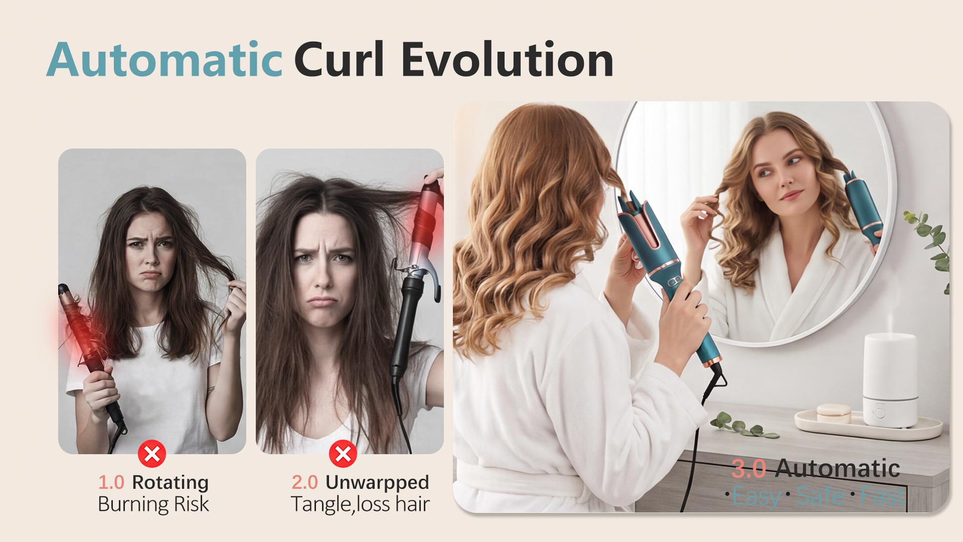 Automatic Rotating Curling Iron -  CURLPRO Beach Waves Curling Wand, Portable Hair Curler, 500 Million Ionic, Dual Voltage & Lightweight for Travel, Ceramic Coating, 1 Inch, Pink