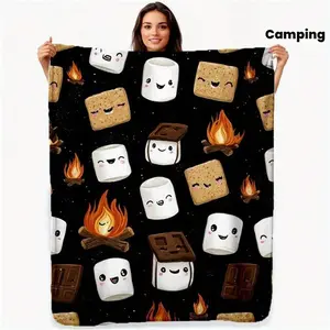 Cute S’mores plush throw blanket, kawaii campfire fleece blanket for couch/sofa/bed, funny marshmallow chocolate cracker blanket, soft polyester camping-themed throw for kids, teens, and adults, cozy cartoon blanket gift home decor