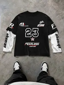 Unisex Chicago Racing Print Long Sleeve T-Shirt, Fitted Graphic Tee with Rivet Details, Casual All Season Wear, Comfortable Daily, Menswear, Stylish, Streetwear