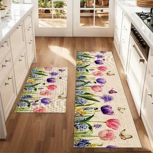 2Pcs Spring Flowers Butterfly Floor mat set including farmhouse kitchen Rug dining room flooring laundry room decorative carpet mat