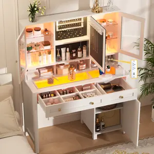 Semoic Makeup Vanity Desk with LED Mirror and RGB Lights and Power Outlet, Morden Glass Top Vanity Table with Drawer & Storage Cabinet & Adjustable Shelves, Large Dressing Table for Bedroom (White)