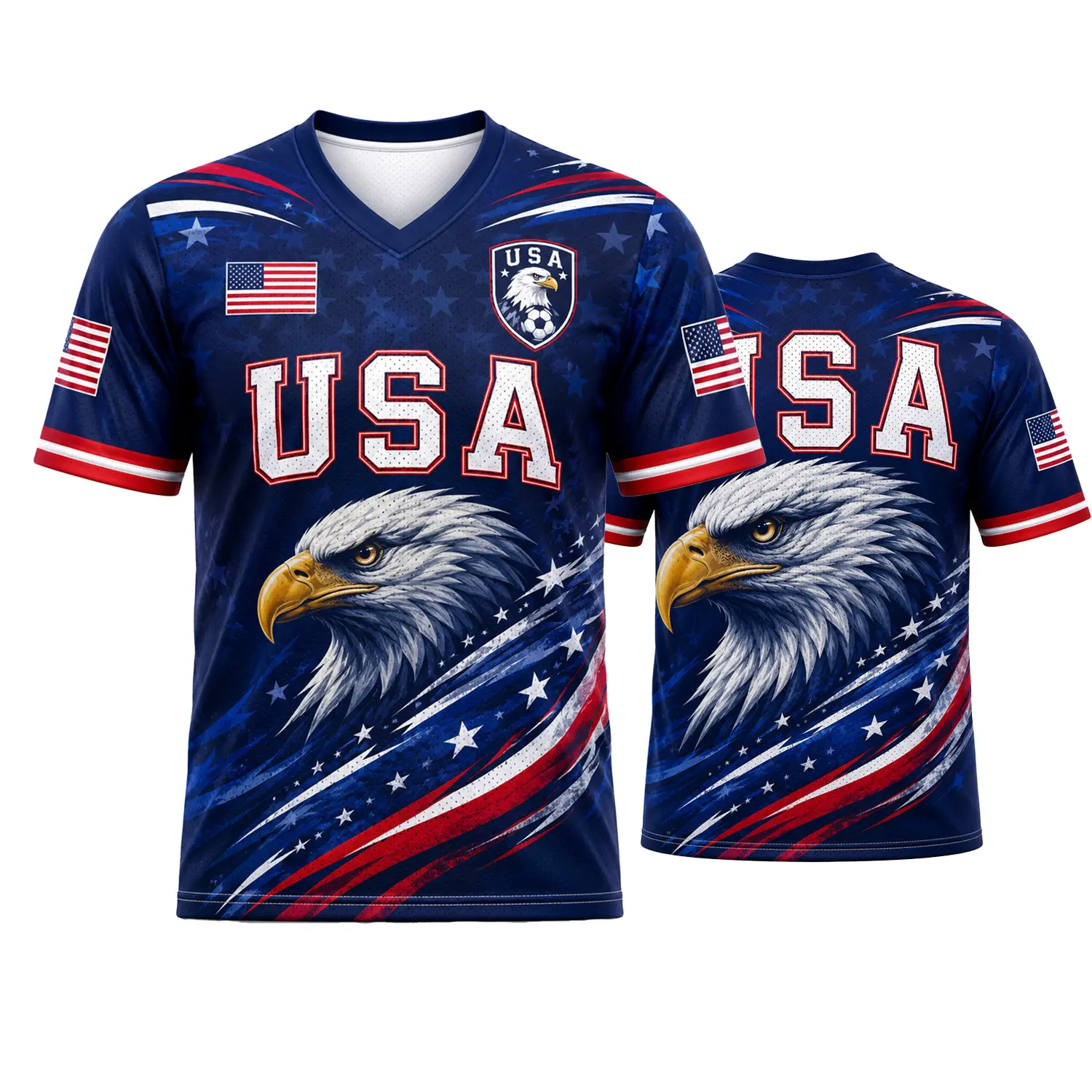 Men's Navy V-Neck Soccer Style Shirt, American-Inspired Eagle Flag Graphic Short Sleeve Athletic Fan Top