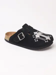 Embroidered Leather Sandals, Punk Style Cowhide Mules, Men's casual clogs Shoe Less Than Ankle Height, All Seasons, Rubber Sole Material, Stylish Punk Clogs