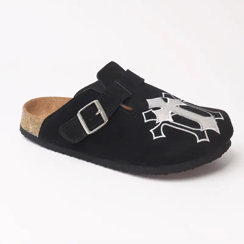 Embroidered Leather Sandals, Punk Style Cowhide Streetwear Mules, Men's Casual Rubber Sole Low-Ankle Fashionable Trendy Clogs, Shoes Mules for All Seasons
