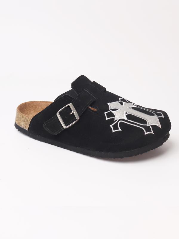 Embroidered Leather Sandals, Punk Style Cowhide Mules, Men's casual clogs Shoe Less Than Ankle Height, All Seasons, Rubber Sole Material, Stylish Punk Clogs