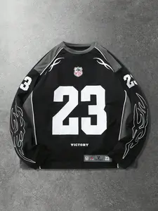 Men's Performance Athletic Top, 23 Jersey with Motivational Victory Logo and Fire Pattern, Long Sleeve Shirt for Sports Enthusiasts, High Performance Activewear, Casual Wear and Active Lifestyle