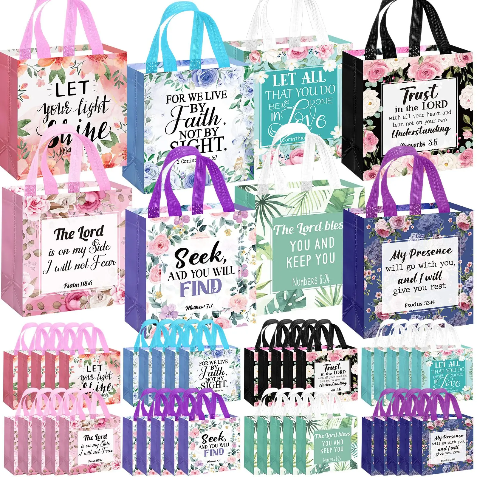 16/32/48Pcs Inspirational Bible Verse Gift Bags with Handle Reusable Non-Woven Christian Gift Bags for Men and Women Wedding Birthday Church Sunday School Baptism Gift Teacher Appreciation Gift Religious Party Favors