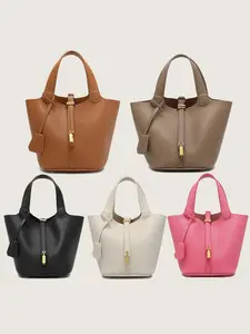 PU Vegetable Basket Handbag, Fashionable Tote Bag, Textured Simple Design, Inner Pocket, Solid Color, Perfect for Everyday Use, Flap Square Bag