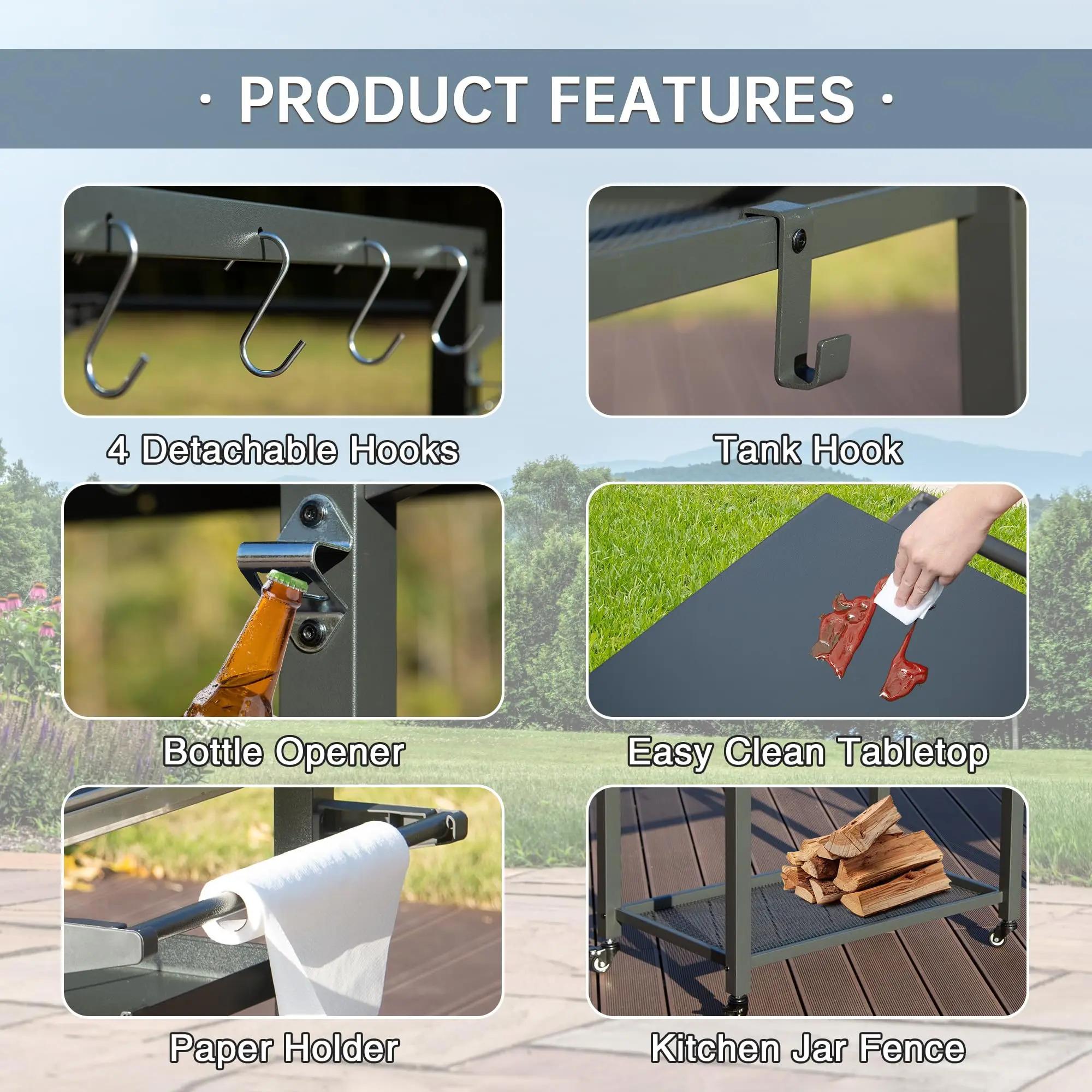 Moveable Outdoor Kitchen BBQ Worktable Trolley 42" W X 22" D 3 Storage Shelves Grill Cart Table Wheels Hooks for Food Parks