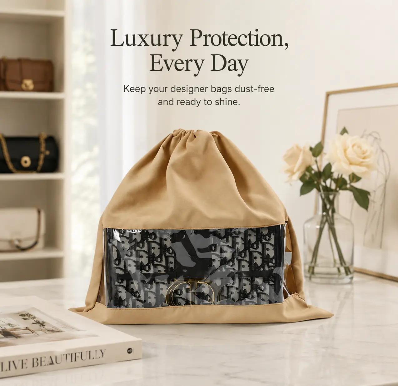 Clear Window Luxury Handbag Dust Bag with Drawstring, Large Purse Storage Cover, Dust & Moisture Protection for Closet and Travel