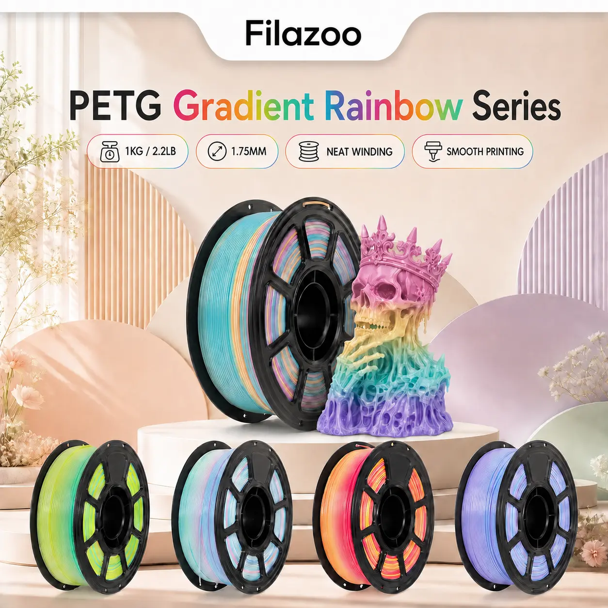 FILAZOO Gradient Rainbow PETG Filament 1.75mm 1KG Spool | Multicolor Color-Shift & Classic Solid Colors | High Speed Tangle-Free | Compatible with Bambu Lab X1/P1S/A1, Creality Ender 3, FDM 3D Printers Premium Bundle