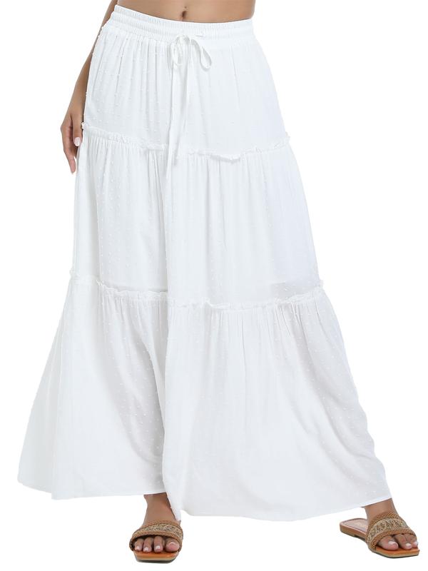 Long Skirts for Women Boho Maxi Skirt Summer Swing Tiered A-Line Elastic High Waist White  Skirt Fashion