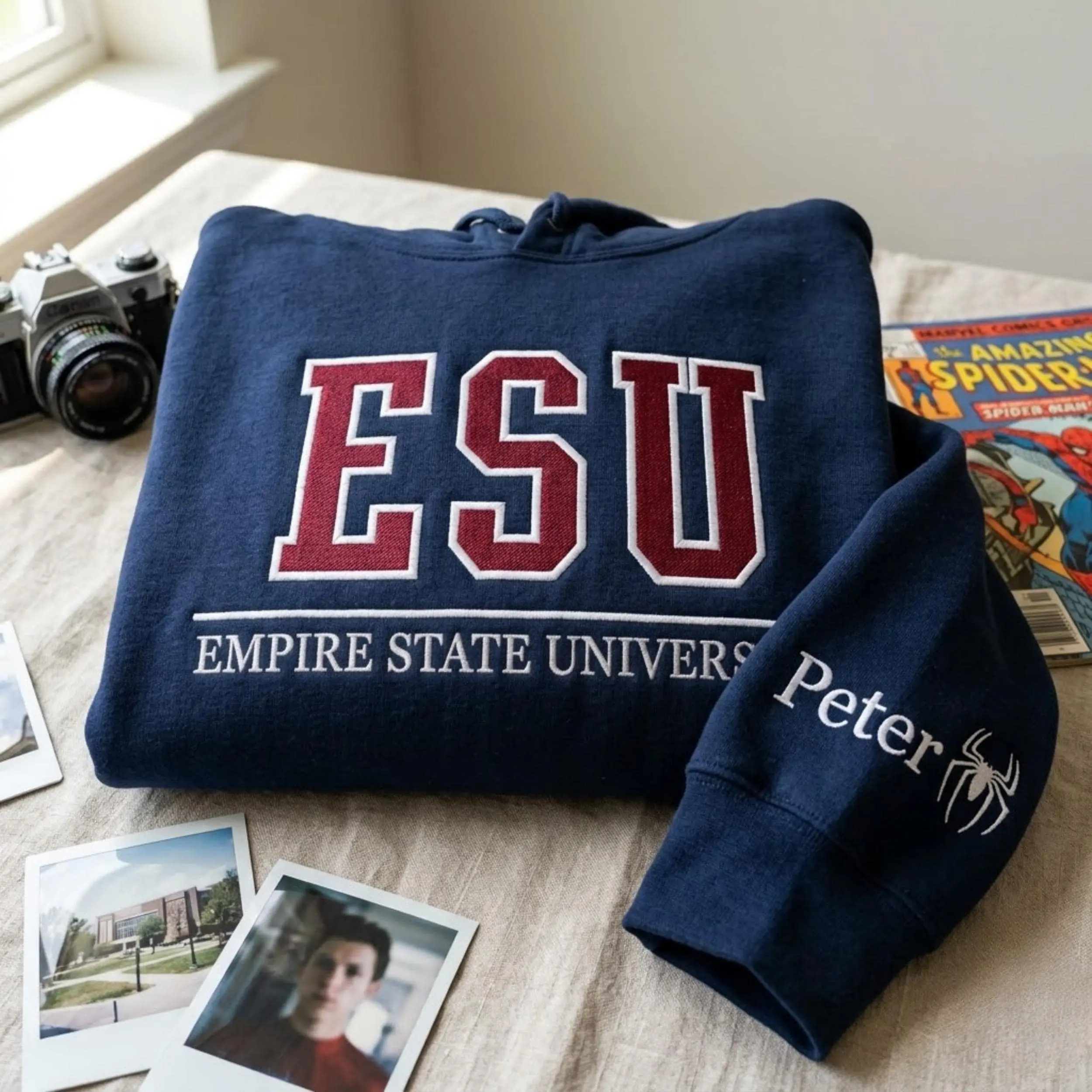 Personalized ESU Empire State University Embroidered Hoodie, Custom Name College Sweatshirt, Spider Hero Inspired Fan Gift
