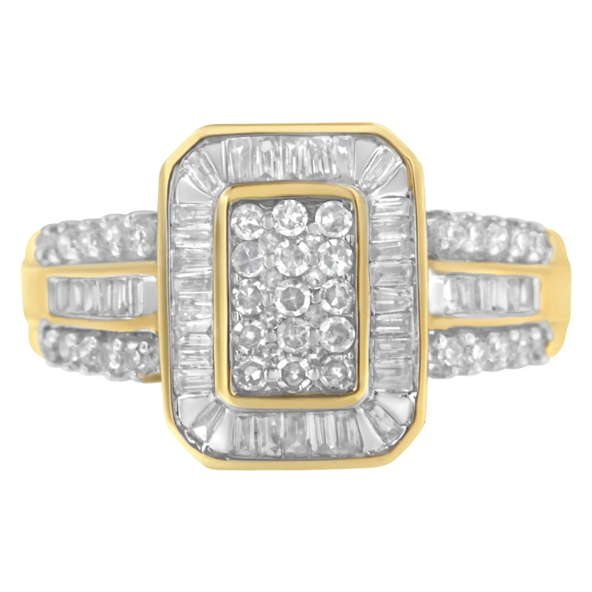 10K Yellow Gold Round and Baguette-Cut Diamond Cluster Ring (1.0 Cttw, I-J Color, SI1-SI2 Clarity)