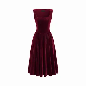 Cider Velvet Square Neck Corset Lace Up Midi Dress