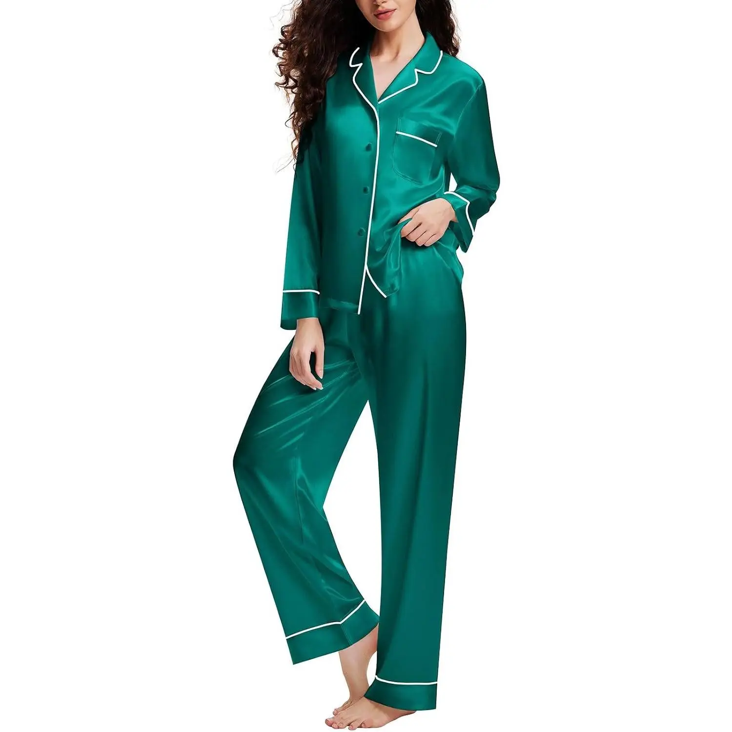LONXU Women's Silk Satin Pajama Set, 2-Piece Long Sleeve Button-Down Pjs with Pocket, Classic Nightwear for Girls, Bridal, Halloween & Festival, Lightweight, Bottom, Everyday, Drawstring