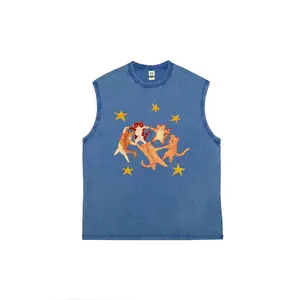 Men's and women's identical washed-back tank tops, fashionable star and cat print T-shirts, with a loose and casual fit, suitable for all seasons, can be given as gifts to friends and family.