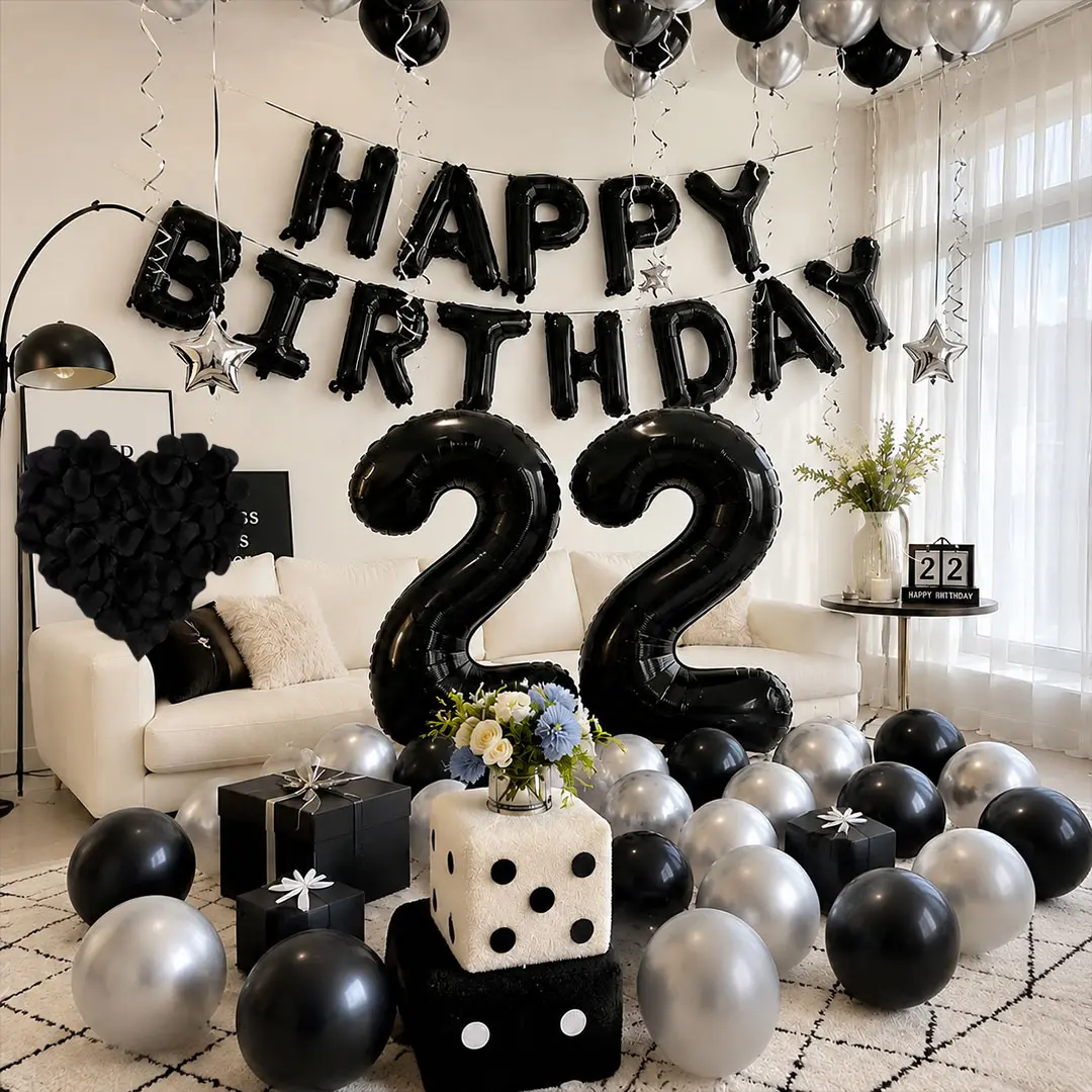 Multicolor Festive Party Decorations Kit - 1100pcs Black, Silver Chrome Latex & Heart-Shape Foil Balloons, Silver Happy Birthday Banner, 1000pcs Fake Black Rose Petals for Birthday, Wedding