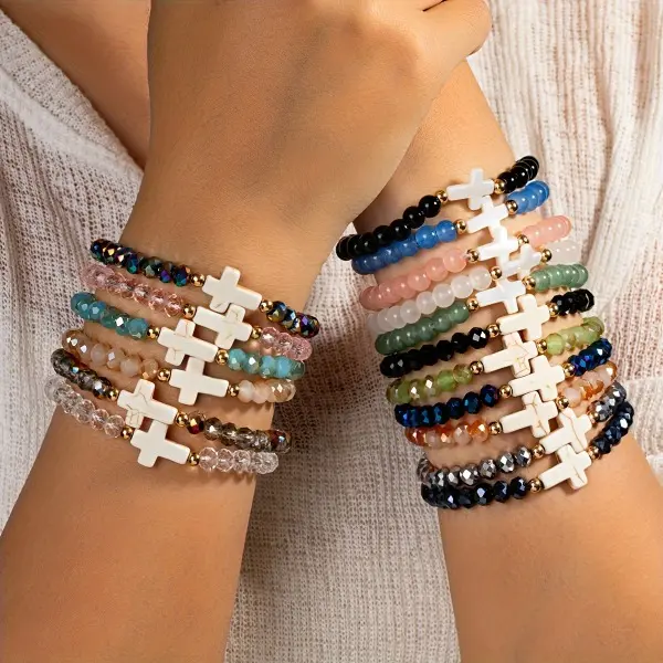 Women's 17Pcs Exquisite Glass Cross Bracelets Bulk - Colorful Bead Bracelets for Stacking, Everyday Wear, Holiday Gifts for Loved Ones, Bracelet