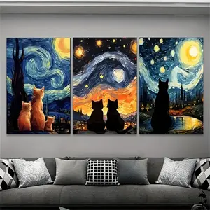 3PCS/set Frameless Van Gogh Starry Night and Black Cat Canvas Art Prints - Artistic Home Decor Modern Abstract Pattern Design Animal Wall Decor for Bedroom, Living Room, Home Office