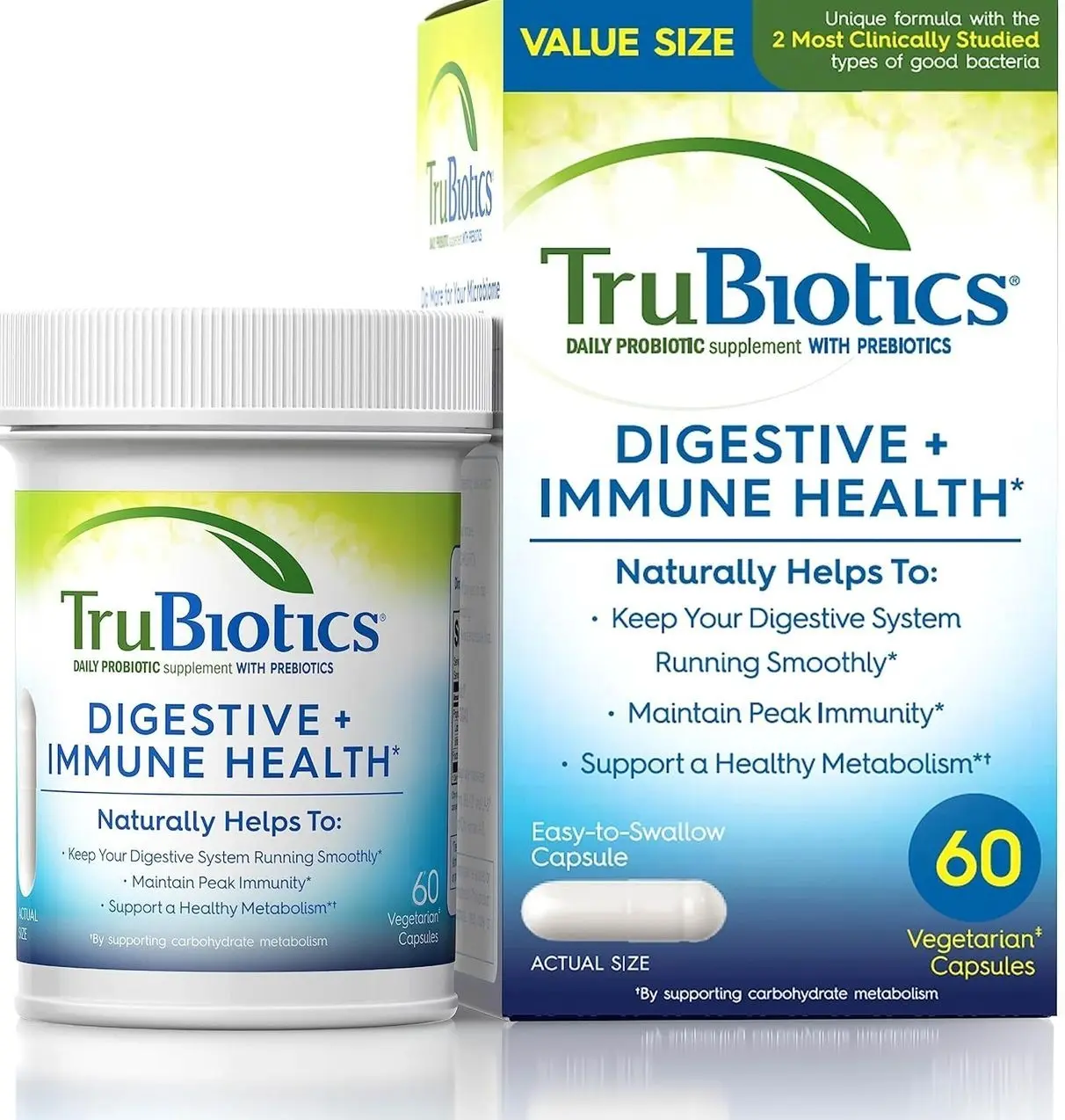 TruBiotics Probiotics for Digestive & Immune Health, Supports Regularity & Helps Relieve Abdominal Discomfort, Gas & Bloating, 2 Clinically Studied Probiotic Strains, Plus Prebiotics, 60 Capsules