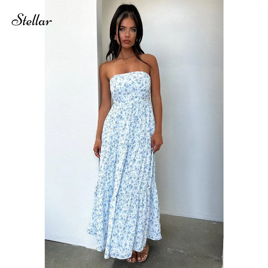 Women Summer Tube Top Maxi Dress Blue Floral Print Strapless A-line Long Dress For Becj Vocation Ladies Wear - TikTok Shop Women Summer Tube Top Maxi Dress Blue Floral Print Strapless A-line Long Dress For Becj Vocation Ladies Wear - TikTok Shop