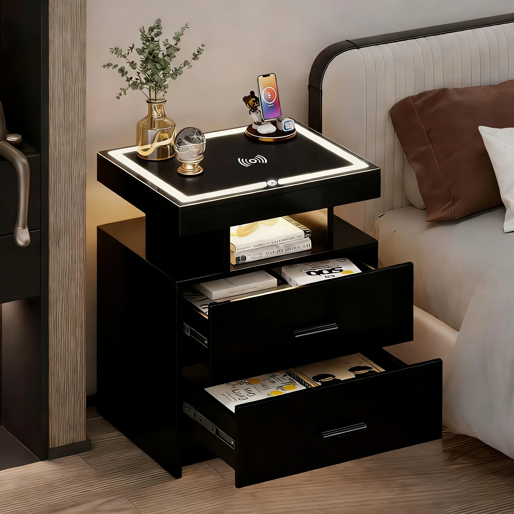 Wireless Charging Nightstand - Modern Nightstand with 2 Drawers, Built-in Wireless Charger, USB & Type-C Ports, Tempered Glass Top, LED Sensor Light with 3 Dimmable Colors, Space-Saving Bedside Table for Bedroom & Home Office