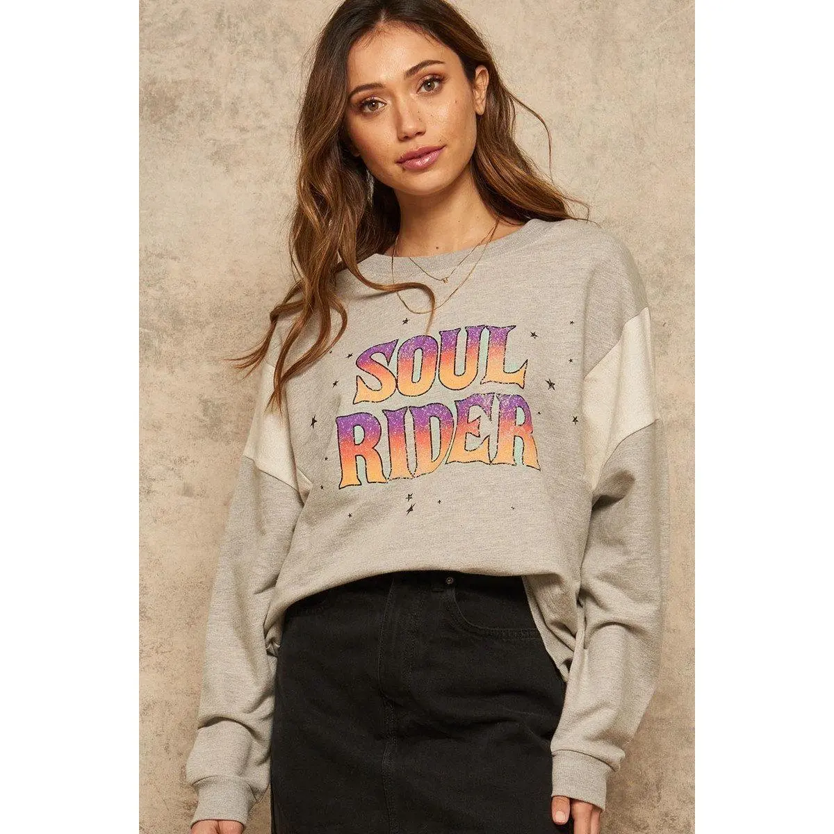 Women's Casual Cotton French Terry Knit Long Sleeve Hoodie Pullover - Chic Vintage Print Top with Ribbed Details, Batwing Sleeves, Round Neck, Colorful Text Statement, 4% Polyester, Soft Relaxed Loose-Fitting Sweatshirt