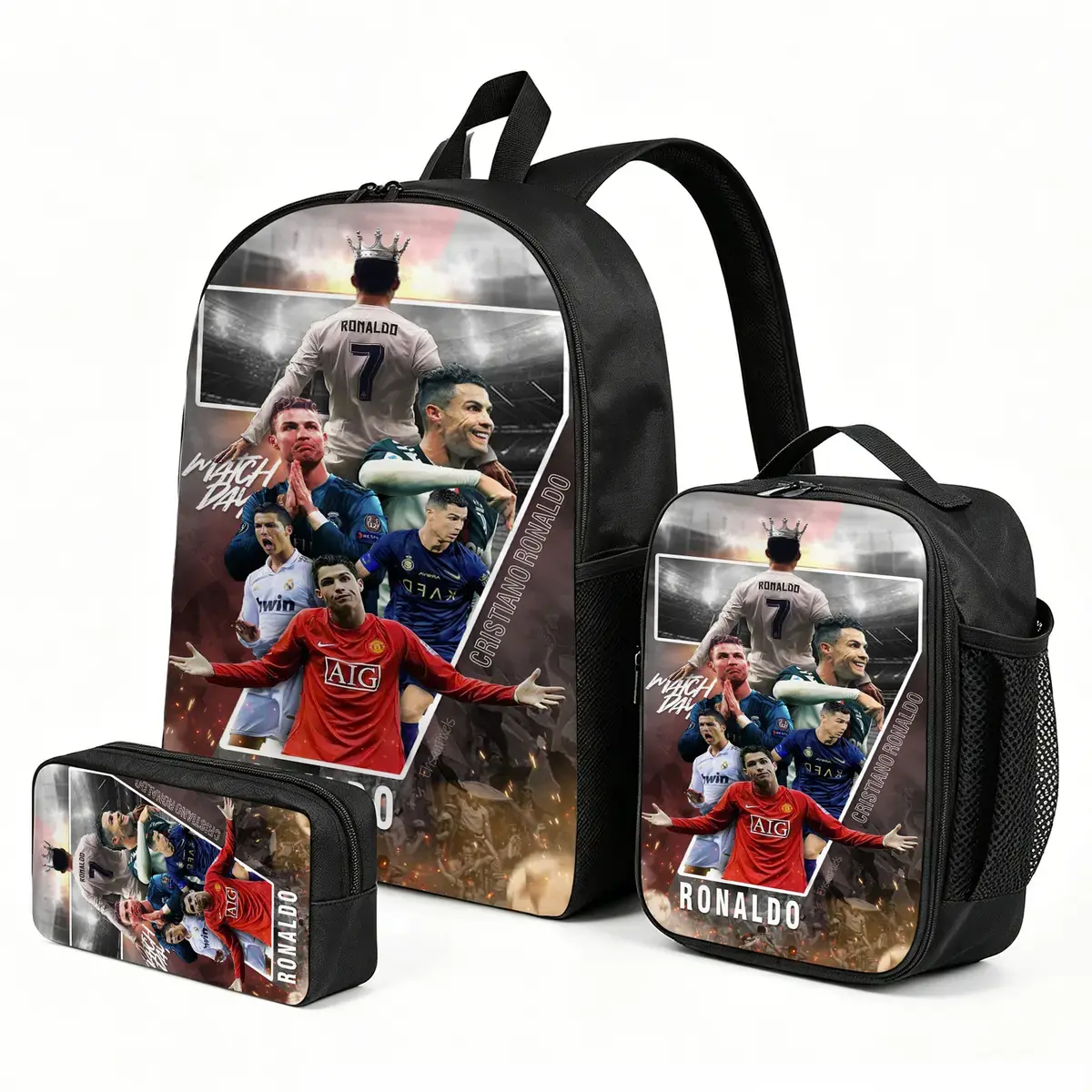 CR7 Trending Cartoon Print Backpack 3-Piece Set | Cute Bookbag for Boys Girls| Kids Lunch Box and Pen Pouch Combo Gift