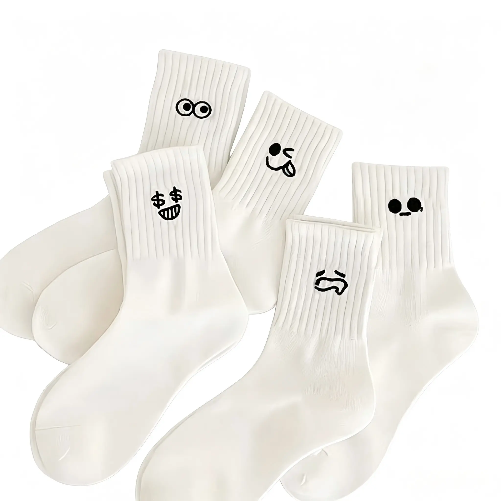 5 Pairs Women's White Mid-Calf Socks with Cute Cartoon Emoji Faces, Casual Sock Set for Daily and Home Wear, Minimalist, Basic, Tube, Thanksgiving, Tube Socks