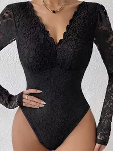 Women's see-through long-sleeved floral lace one-piece top with V-neck and backless design for casual outinSexy Floral Lace Bodysuit Women Long Sleeve V-Neck Backless Going Out Body