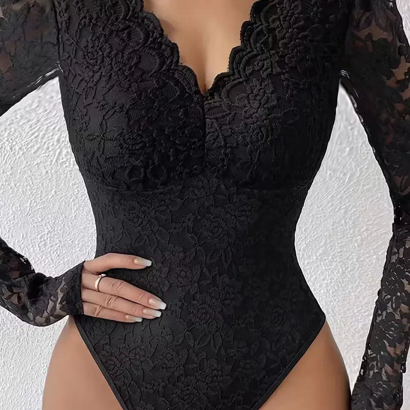Women's Chic Thong Bodysuit - See-Through Long-Sleeved Floral Lace Fabric Top, V-Neck, Backless, for Wedding, Night Out, Casual Outings