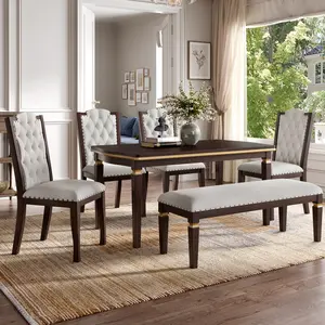 6-Piece Kitchen Dining Table Set, 60" Rectangular Table and 4 High-Back Tufted Chairs  1 Bench for Dining Room and Kitchen