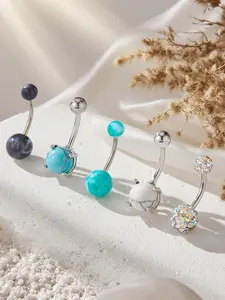 Women's Belly Button Rings Set, Fashion Blue Round Navel Piercing Jewelry, Party Beach Vacation Accessories, 5 Pcs Body Piercings Kit