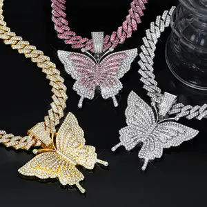 Iced Out Butterfly Pendant Necklace, Cuban Link Chain, Bling Hip Hop for Men Women