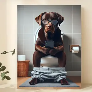 1pc Whimsical Labrador Dog on Toilet Canvas Wall Art, Humorous Framed Print with Glasses & Smartphone, Pine Wood Frame, Ink Artwork for Home, Bathroom, Office, Cafe Decor - Modern/Country Style
