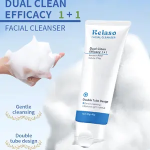Hydrating Dual-Tube Facial Cleanser with Amino Acid & White Clay - Deep Cleansing, Oil Control, Gentle Foaming, pH-Balanced Cleansing Moisturizing