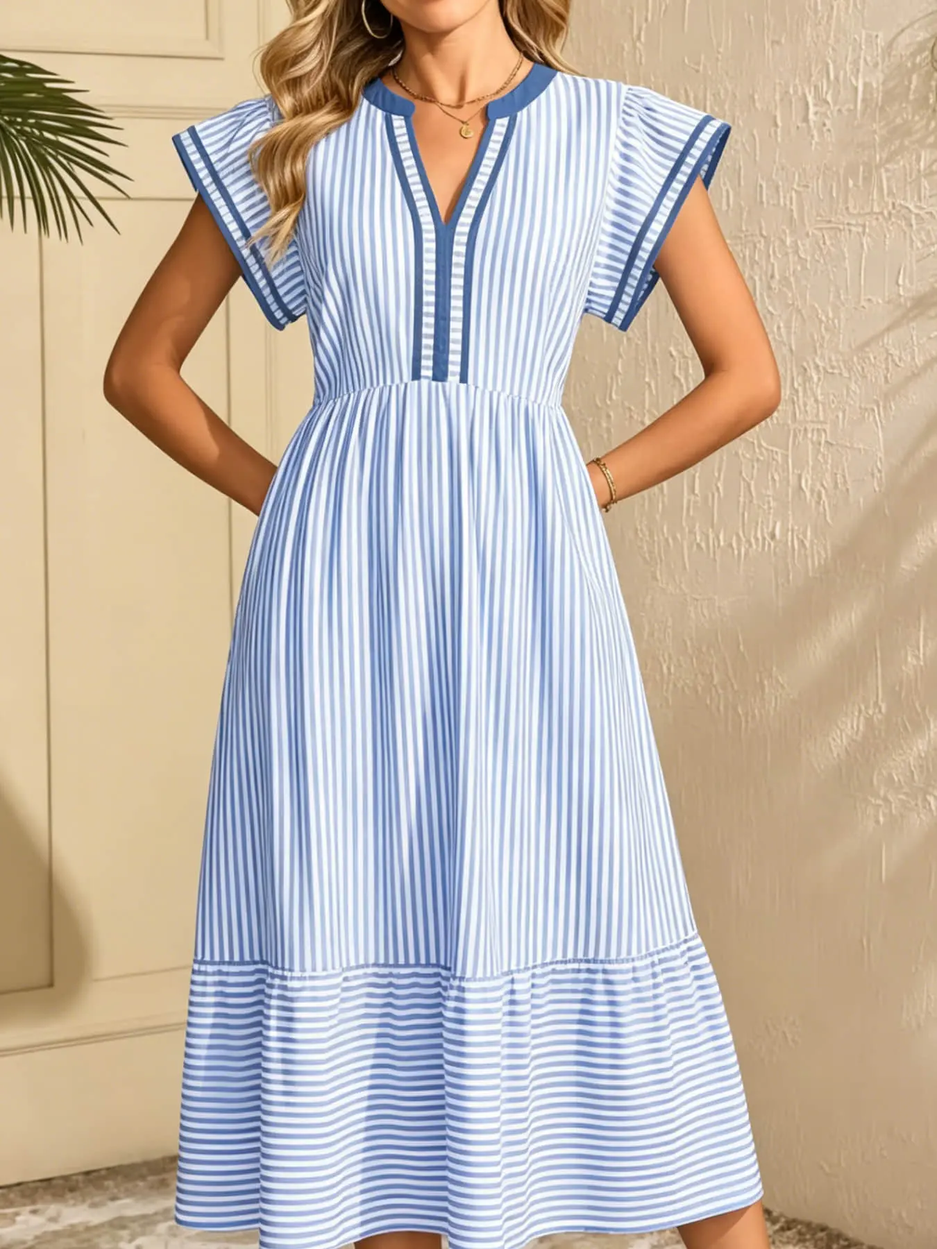 Summer new fashionable and fresh dress, casual boho bohemian and versatile Boho V-neck flutter sleeves, fitted waist to show slimness, A-line mid-length dress, suitable for work commuting, beach vacation, afternoon tea date, picnic Casual Wear