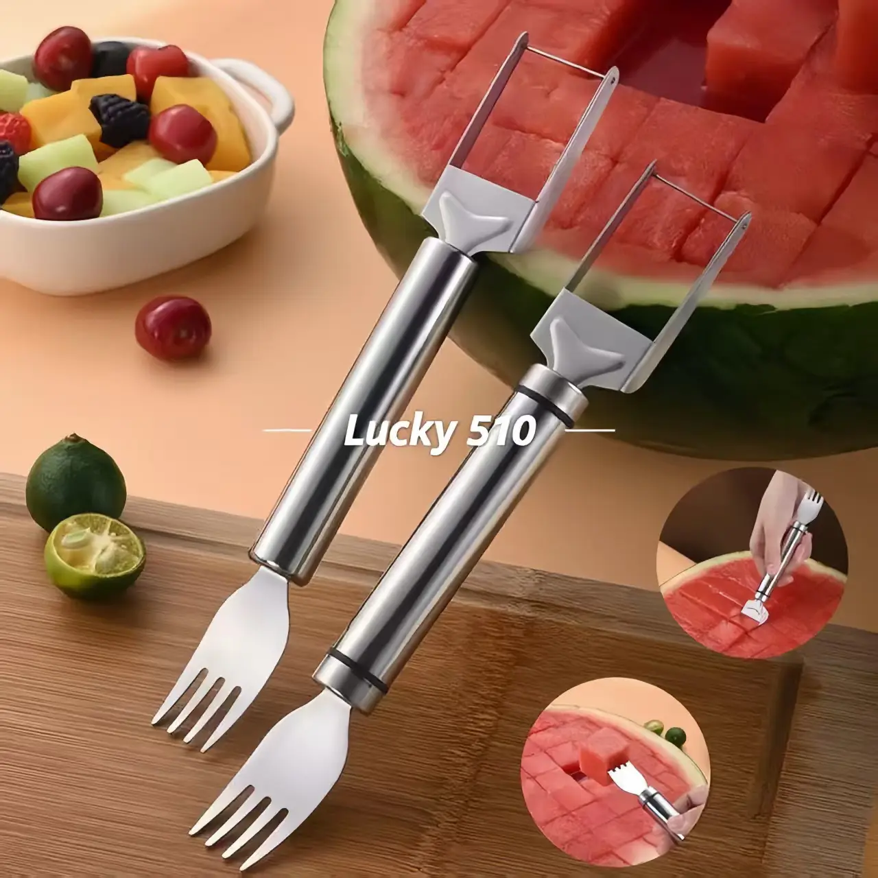 2-in-1 Watermelon Fork Slicer, Stainless Steel Fruit Cutter, Dual Head Melon Knife, Summer Kitchen Gadget, Portable Fork Tool, Easy Cube Watermelon Sl