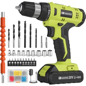 Cordless Drill Set, 20V Electric Power Drill with Battery And Charger, Torque 30N, 21+1 Torque Setting, 3/8-Inch Keyless Chuck, Drill Driver Bits Kit, with LED