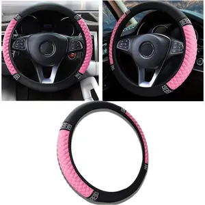 Bling  Steering Wheel Cover, 15 Inch Anti-Slip Wheel Protector for Women Girls, Soft Leather Elastic Steering Wheel Protector,  Interior Accessories for   (Pink)