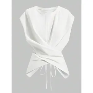 Women's Knitted Round Neck Off Shoulder Sleeve T-shirt, Fashionable, Casual and Unique Asymmetric Cross Back Strap Top, Spring and Autumn WearRAIMENTRY